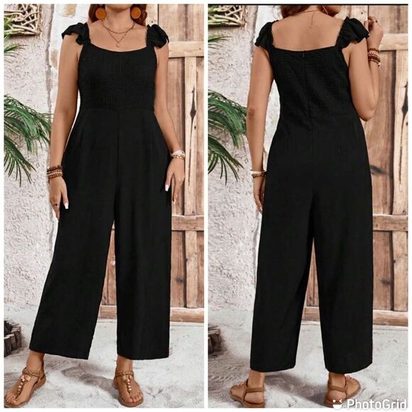 Boho Ruffle Strap Navy Jumpsuit With Pockets - Picture 1 of 13